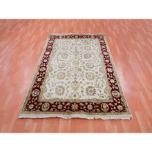 Load image into Gallery viewer, 4&#39;10&quot;x7&#39;3&quot; Moderne White and Sangria Red, Thick and Plush, Rajasthan Design With All Over Leaf Pattern, Hand Knotted Wool and Silk, Oriental Rug FWR452178