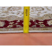 Load image into Gallery viewer, 4&#39;10&quot;x7&#39;3&quot; Moderne White and Sangria Red, Thick and Plush, Rajasthan Design With All Over Leaf Pattern, Hand Knotted Wool and Silk, Oriental Rug FWR452178