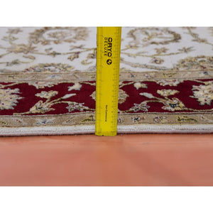4'10"x7'3" Moderne White and Sangria Red, Thick and Plush, Rajasthan Design With All Over Leaf Pattern, Hand Knotted Wool and Silk, Oriental Rug FWR452178