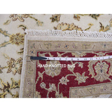 Load image into Gallery viewer, 4&#39;10&quot;x7&#39;3&quot; Moderne White and Sangria Red, Thick and Plush, Rajasthan Design With All Over Leaf Pattern, Hand Knotted Wool and Silk, Oriental Rug FWR452178