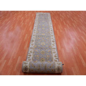 2'8"x21' Blue Fox And Cloud White, Rajasthan All Over Pattern, Thick And Plush, Wool And Silk, Hand Knotted Xl Runner Oriental Rug FWR452184