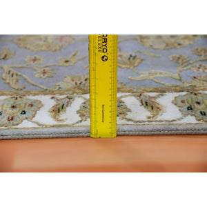 2'7"x18'8" Santorini Blue With Swiss Coffee White Border, All Over Leaf Design, Rajasthan Hand Knotted Wool and Silk, Thick and Plush, Soft Pile, XL Runner Oriental Rug FWR452190