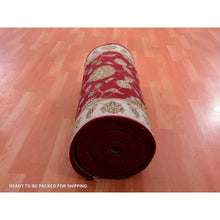 Load image into Gallery viewer, 2&#39;8&quot;x21&#39; Sundried Tomato Red And Mayonnaise White, Hand Knotted Thick And Plush, Rajasthan Design, All Over Leaf Design, Wool And Silk, Xl Runner Oriental Rug FWR452238