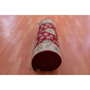 2'7"x16'4" Seattle Red, Hand Knotted Wool And Silk, Rajasthan Design With All Over Leaf Pattern, Thick And Plush, Soft Pile, Oriental Xl Runner Rug FWR452250