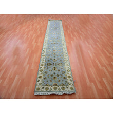 Load image into Gallery viewer, 2&#39;7&quot;x14&#39; Yarmouth Blue and Downy White, Hand Knotted Rajasthan All Over Leaf Design, Silk and Wool Thick and Plush, Soft Pile Oriental Runner Rug FWR452262