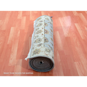 2'7"x14' Yarmouth Blue and Downy White, Hand Knotted Rajasthan All Over Leaf Design, Silk and Wool Thick and Plush, Soft Pile Oriental Runner Rug FWR452262