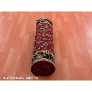 2'9"x12'3" Barn Red With Black Border, Wool And Silk Hand Knotted, Rajasthan All Over Leaf Design Thick And Plush, Runner Oriental Rug FWR452268