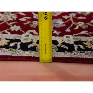 2'9"x12'3" Barn Red With Black Border, Wool And Silk Hand Knotted, Rajasthan All Over Leaf Design Thick And Plush, Runner Oriental Rug FWR452268
