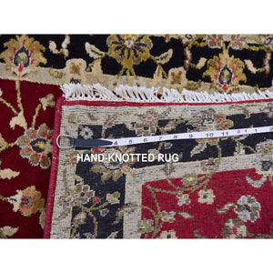 2'9"x12'3" Barn Red With Black Border, Wool And Silk Hand Knotted, Rajasthan All Over Leaf Design Thick And Plush, Runner Oriental Rug FWR452268