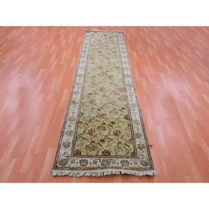 3'x12'1" Bitter Lemon Green, Thick And Plush Wool And Silk, Hand Knotted Rajasthan All Over Leaf Design, Runner Oriental Rug FWR452274