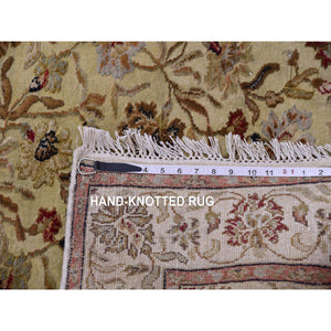 3'x12'1" Bitter Lemon Green, Thick And Plush Wool And Silk, Hand Knotted Rajasthan All Over Leaf Design, Runner Oriental Rug FWR452274