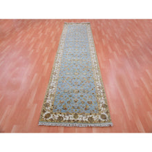 Load image into Gallery viewer, 3&#39;x12&#39;2&quot; Windy Blue, Greek Villa White Border, Hand Knotted, Rajasthan All Over Leaf Design Soft Pile, Wool And Silk, Thick And Plush, Oriental Runner Rug FWR452280