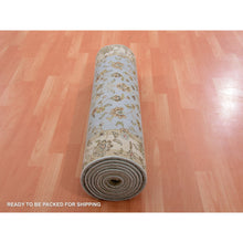 Load image into Gallery viewer, 3&#39;x12&#39;2&quot; Windy Blue, Greek Villa White Border, Hand Knotted, Rajasthan All Over Leaf Design Soft Pile, Wool And Silk, Thick And Plush, Oriental Runner Rug FWR452280