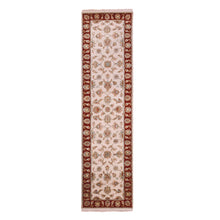 Load image into Gallery viewer, 2&#39;7&quot;x10&#39;4&quot; Snowbound White, Red Border, Wool and Silk, Thick and Plush, Hand Knotted, Rajasthan With All Over Leaf Design Oriental Runner Rug FWR452292