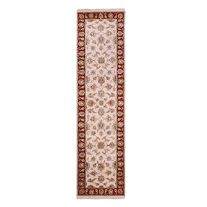 2'7"x10'4" Snowbound White, Red Border, Wool and Silk, Thick and Plush, Hand Knotted, Rajasthan With All Over Leaf Design Oriental Runner Rug FWR452292