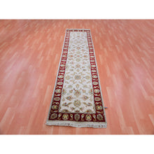 Load image into Gallery viewer, 2&#39;7&quot;x10&#39;4&quot; Snowbound White, Red Border, Wool and Silk, Thick and Plush, Hand Knotted, Rajasthan With All Over Leaf Design Oriental Runner Rug FWR452292