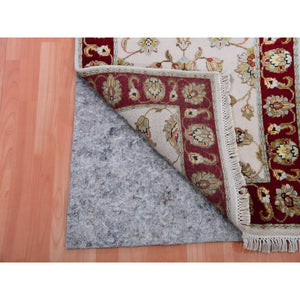 2'7"x10'4" Snowbound White, Red Border, Wool and Silk, Thick and Plush, Hand Knotted, Rajasthan With All Over Leaf Design Oriental Runner Rug FWR452292