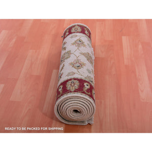 2'7"x10'4" Snowbound White, Red Border, Wool and Silk, Thick and Plush, Hand Knotted, Rajasthan With All Over Leaf Design Oriental Runner Rug FWR452292