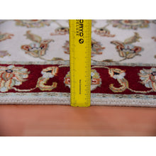 Load image into Gallery viewer, 2&#39;7&quot;x10&#39;4&quot; Snowbound White, Red Border, Wool and Silk, Thick and Plush, Hand Knotted, Rajasthan With All Over Leaf Design Oriental Runner Rug FWR452292