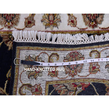 Load image into Gallery viewer, 2&#39;6&quot;x10&#39; Tricorn Black With High Reflective White Border, Wool And Silk Hand Knotted Rajasthan All Over Leaf Design Thick And Plush Runner Oriental Rug FWR452298