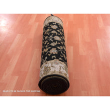 Load image into Gallery viewer, 3&#39;1&quot;x12&#39;2&quot; Caviar Black, Wool And Silk Rajasthan Design Thick And Plush, All Over Leaf Pattern, Hand Knotted Oriental Runner Rug FWR452304