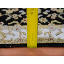 Load image into Gallery viewer, 3&#39;1&quot;x12&#39;2&quot; Caviar Black, Wool And Silk Rajasthan Design Thick And Plush, All Over Leaf Pattern, Hand Knotted Oriental Runner Rug FWR452304