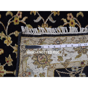 3'1"x12'2" Caviar Black, Wool And Silk Rajasthan Design Thick And Plush, All Over Leaf Pattern, Hand Knotted Oriental Runner Rug FWR452304