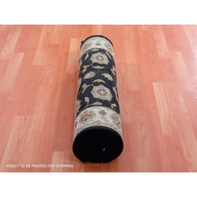 Load image into Gallery viewer, 2&#39;6&quot;x10&#39; Oyster Black, Hand Knotted Wool And Silk Rajasthan Design With All Over Leaf Motifs, Thick And Plush Oriental Runner Rug FWR452316