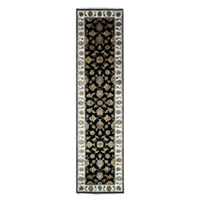 Load image into Gallery viewer, 2&#39;5&quot;x10&#39; Bristol Black, Rajasthan Design All Over Leaf Motifs, Hand Knotted Wool and Silk Thick and Plush, Runner Oriental Rug FWR452340