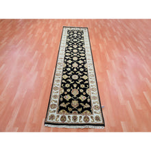 Load image into Gallery viewer, 2&#39;5&quot;x10&#39; Bristol Black, Rajasthan Design All Over Leaf Motifs, Hand Knotted Wool and Silk Thick and Plush, Runner Oriental Rug FWR452340