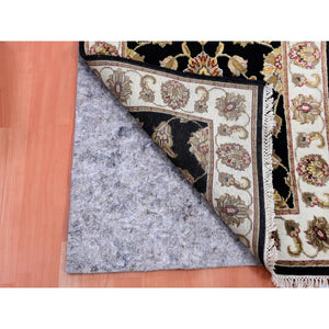 2'5"x10' Bristol Black, Rajasthan Design All Over Leaf Motifs, Hand Knotted Wool and Silk Thick and Plush, Runner Oriental Rug FWR452340
