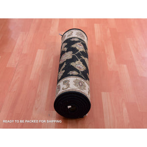 2'5"x10' Bristol Black, Rajasthan Design All Over Leaf Motifs, Hand Knotted Wool and Silk Thick and Plush, Runner Oriental Rug FWR452340
