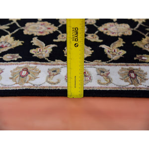 2'5"x10' Bristol Black, Rajasthan Design All Over Leaf Motifs, Hand Knotted Wool and Silk Thick and Plush, Runner Oriental Rug FWR452340