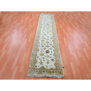 2'7"x11'10" Heron White, Thick and Plush, Wool and Silk Soft Pile, Hand Knotted, Rajasthan, All Over Design, Oriental, Runner Rug FWR452346