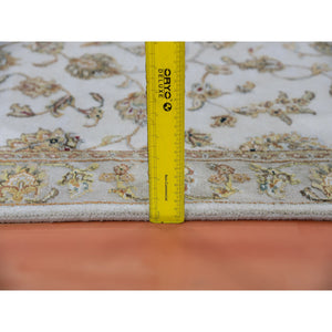 2'7"x11'10" Heron White, Thick and Plush, Wool and Silk Soft Pile, Hand Knotted, Rajasthan, All Over Design, Oriental, Runner Rug FWR452346