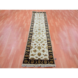 2'5"x10'1" Parchment White, Rajasthan Wool and Silk Leaf Design, Thick and Plush, Hand Knotted Runner Oriental Rug FWR452364