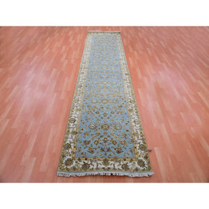 3'x12'2" Dockside Blue, Hand Knotted Rajasthan Design, All Over Pattern, Wool And Silk, Thick And Plush, Runner Oriental Rug FWR452376