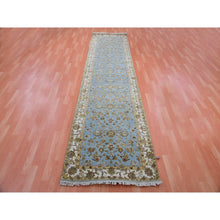 Load image into Gallery viewer, 3&#39;x12&#39;2&quot; Dockside Blue, Hand Knotted Rajasthan Design, All Over Pattern, Wool And Silk, Thick And Plush, Runner Oriental Rug FWR452376