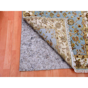 3'x12'2" Dockside Blue, Hand Knotted Rajasthan Design, All Over Pattern, Wool And Silk, Thick And Plush, Runner Oriental Rug FWR452376