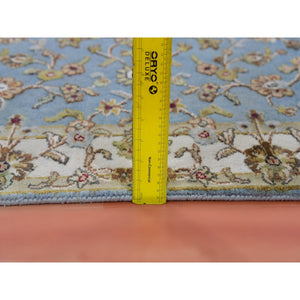 3'x12'2" Dockside Blue, Hand Knotted Rajasthan Design, All Over Pattern, Wool And Silk, Thick And Plush, Runner Oriental Rug FWR452376