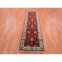 Load image into Gallery viewer, 2&#39;6&quot;x8&#39;2&quot; Syrah Red With Silky White, Rajasthan Hand Knotted All Over Leaf Pattern, Thick and Plush, Oriental Wool and Silk Runner Rug FWR452394