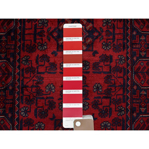 1'9"x4'9" Ruby Red, Afghan Khamyab With Geometric Medallions Design, Hand Knotted, Soft And Velvety Wool, Vegetable Dyes, Short And Narrow Runner, Oriental Rug FWR4518