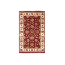 Load image into Gallery viewer, 3&#39;1&quot;x5&#39; Dutch Tulip Red, Ivory Border, All Over Motifs, Rajasthan Design, Hand Knotted Thick and Plush, Vibrant Wool and Silk, Oriental Rug FWR452406