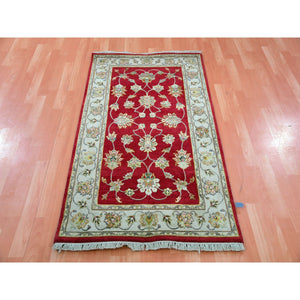 3'1"x5'3" Raspberry Truffle Red, Wool and Silk, Hand Knotted Rajasthan All Over Leaf Design, Thick and Plush, Oriental Rug FWR452412