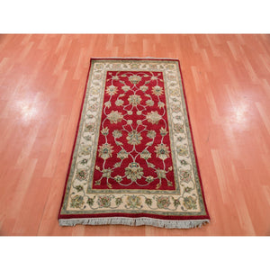 3'x5'2" Rapture Red, Acadia White Border, Hand Knotted Wool and Silk, Thick and Plush, Rajasthan Design With All Over Leaf Pattern, Oriental Rug FWR452424