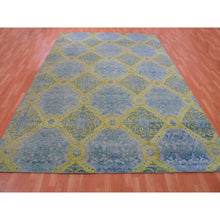 Load image into Gallery viewer, 9&#39;x12&#39;2&quot; Grotto Blue With Avocado Green, Trellis Neo Classic European Design With Flower Bouquet And Rosettes,100% Wool, Hand Knotted Oriental Rug FWR452460