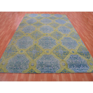 9'x12'2" Grotto Blue With Avocado Green, Trellis Neo Classic European Design With Flower Bouquet And Rosettes,100% Wool, Hand Knotted Oriental Rug FWR452460