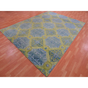 9'x12'2" Grotto Blue With Avocado Green, Trellis Neo Classic European Design With Flower Bouquet And Rosettes,100% Wool, Hand Knotted Oriental Rug FWR452460
