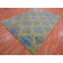 Load image into Gallery viewer, 9&#39;x12&#39;2&quot; Grotto Blue With Avocado Green, Trellis Neo Classic European Design With Flower Bouquet And Rosettes,100% Wool, Hand Knotted Oriental Rug FWR452460