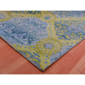 9'x12'2" Grotto Blue With Avocado Green, Trellis Neo Classic European Design With Flower Bouquet And Rosettes,100% Wool, Hand Knotted Oriental Rug FWR452460